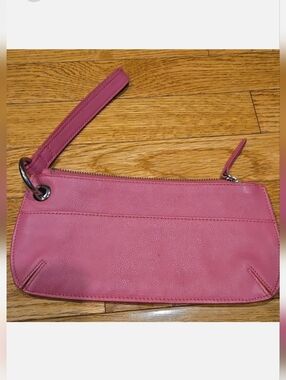 Pink Leather Wristlet w Unique Ring Strap, Front Pocket + Zipper Top